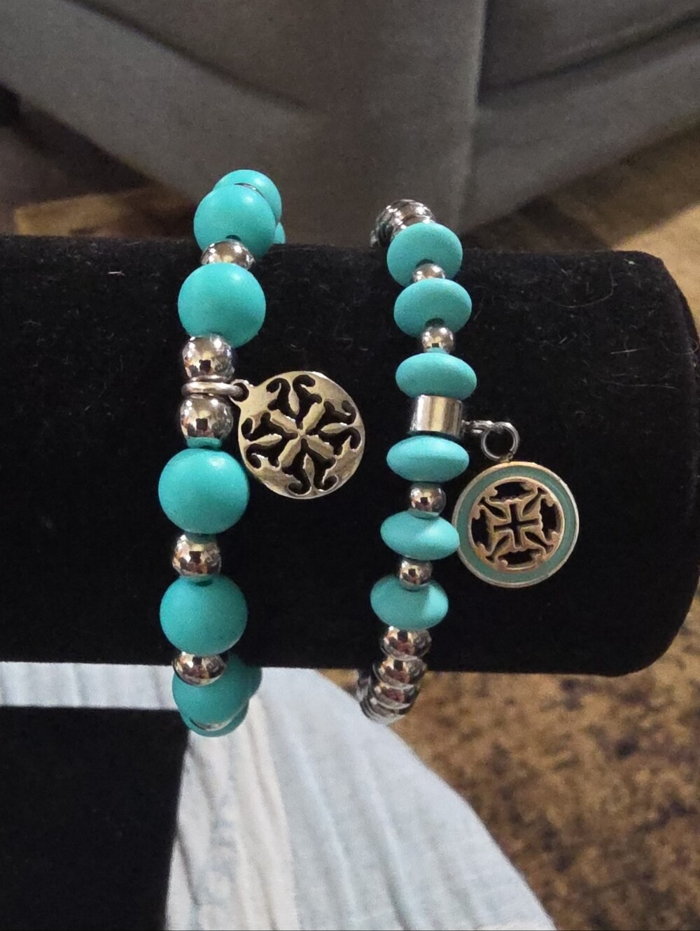 Rustic Cuff Turquoise Beaded Charm Bracelet Set / Pluse Unknown Ankle Bracelet